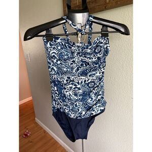Lauren Ralph Lauren Floral Navy Blue White Halter Tie One Piece Swimsuit Size 8